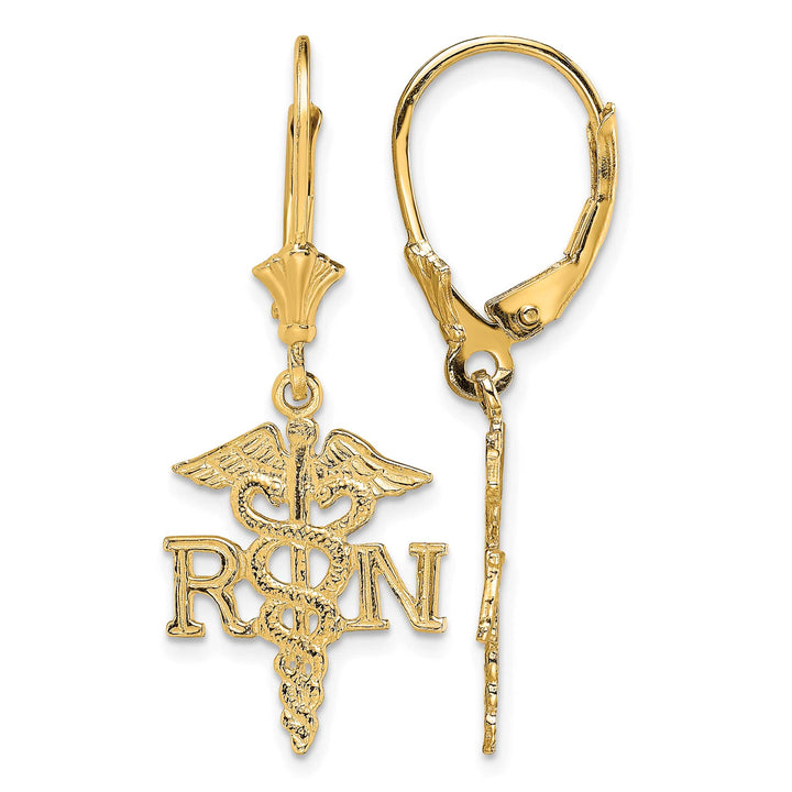 14K Yellow Gold RN Caduceus Dangle Leverback Earrings