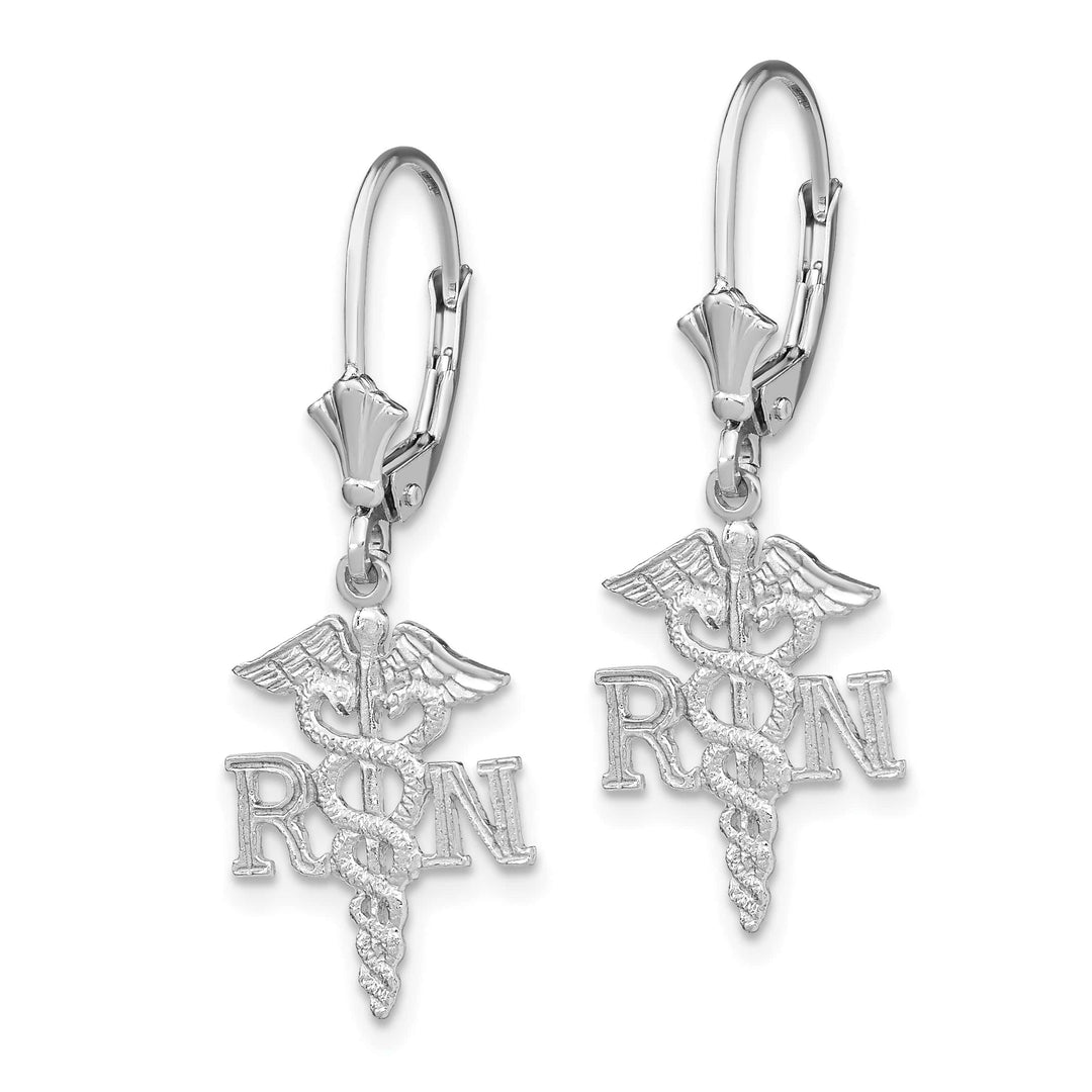 14K White Gold RN Caduceus Dangle Leverback Earrings