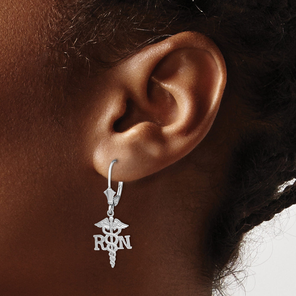 14K White Gold RN Caduceus Dangle Leverback Earrings