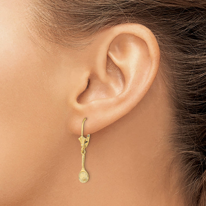 14K Yellow Gold Tennis Racquet with Ball Dangle Leverback Earrings