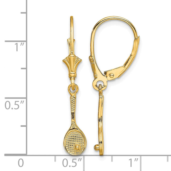 14K Yellow Gold Tennis Racquet with Ball Dangle Leverback Earrings
