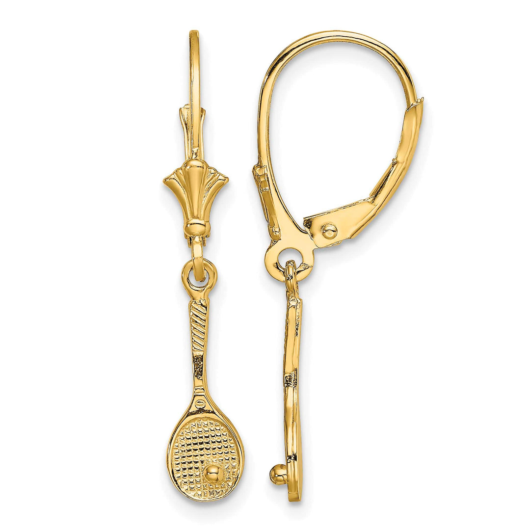 14K Yellow Gold Tennis Racquet with Ball Dangle Leverback Earrings