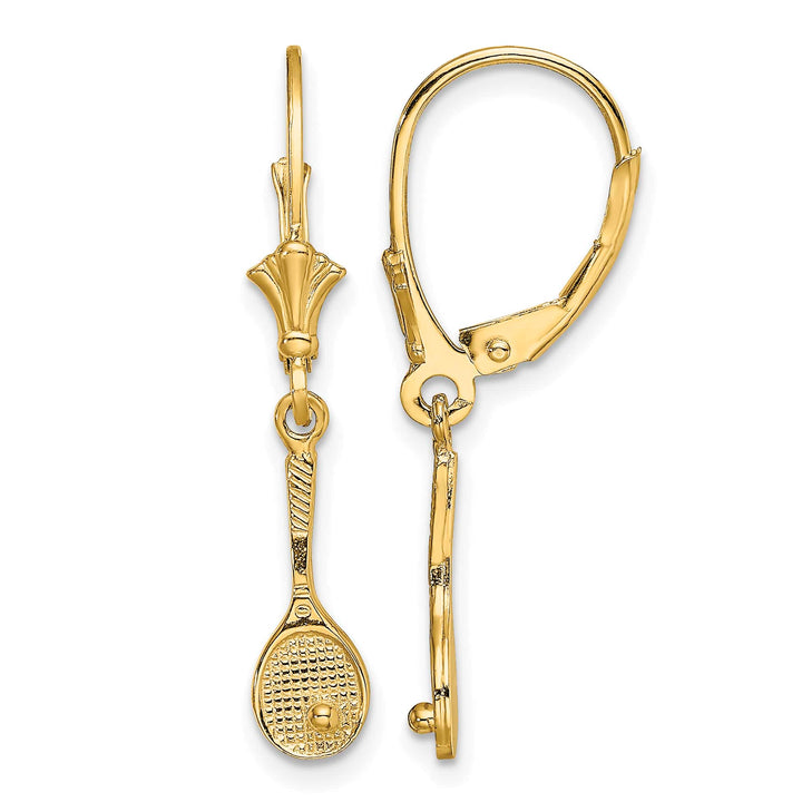 14K Yellow Gold Tennis Racquet with Ball Dangle Leverback Earrings
