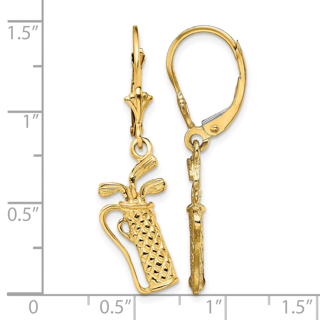 14K Yellow Gold Textured Golf Bag Dangle Leverback Earrings