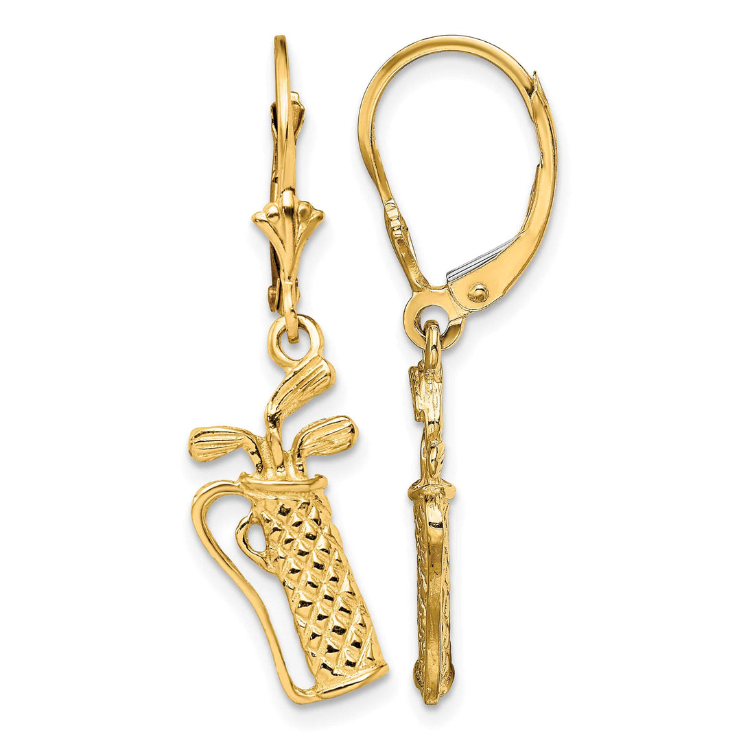 14K Yellow Gold Textured Golf Bag Dangle Leverback Earrings