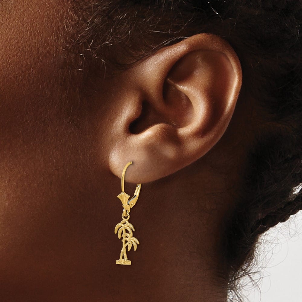 14K Yellow Gold Two Palm Trees Dangle Leverback Earrings, view 3 of 4