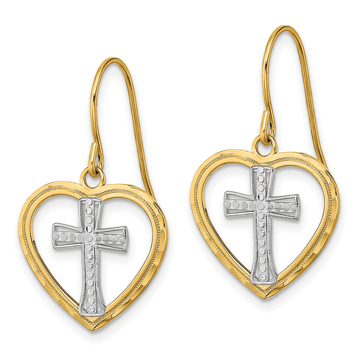 14K Yellow Gold Cross in Center Heart Dangle French Hook Earrings