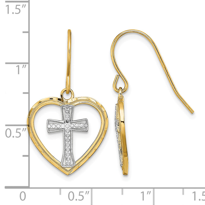 14K Yellow Gold Cross in Center Heart Dangle French Hook Earrings