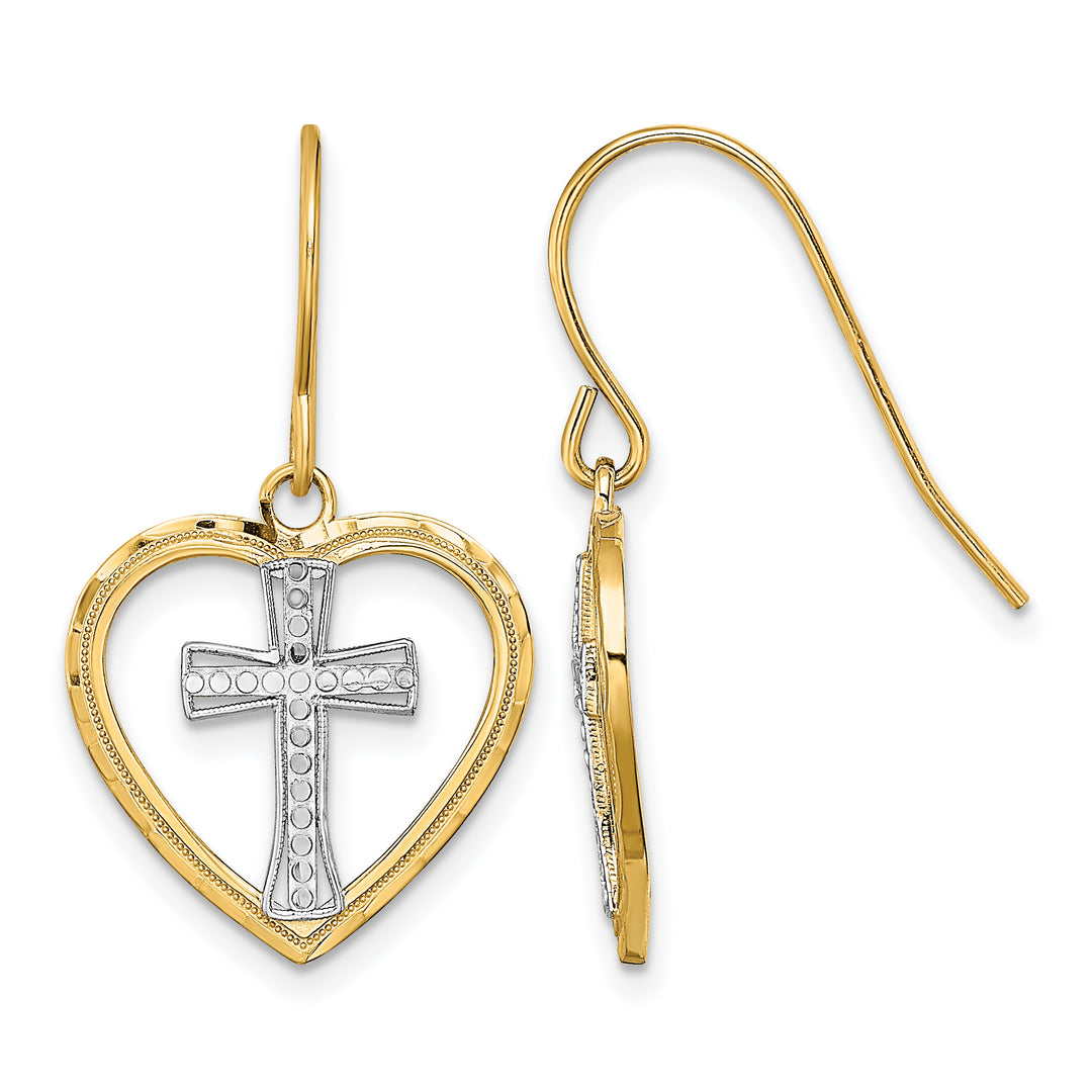 14K Yellow Gold Cross in Center Heart Dangle French Hook Earrings