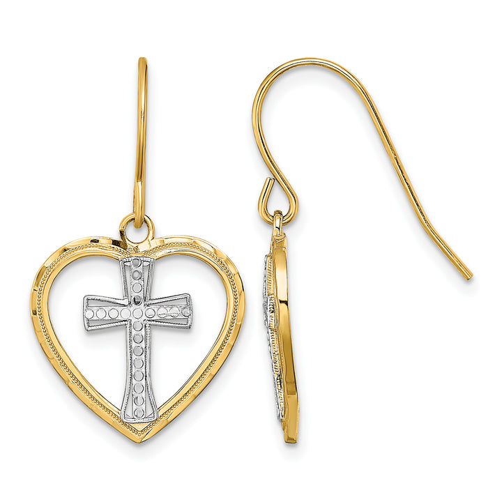14K Yellow Gold Cross in Center Heart Dangle French Hook Earrings