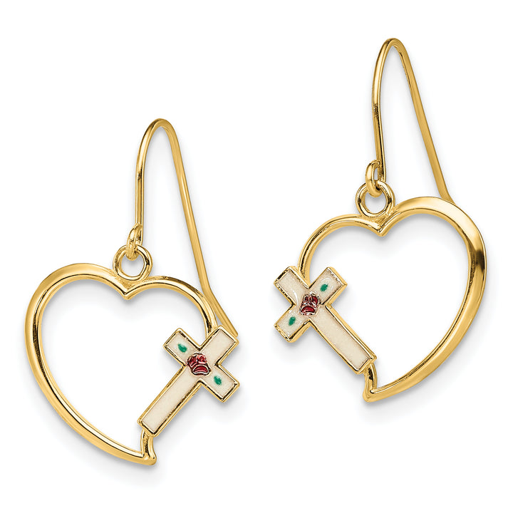 14K Yellow Gold Enamel Floral Cross on Heart French Hook Earrings