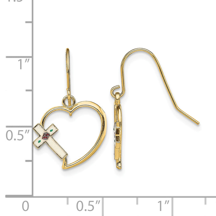 14K Yellow Gold Enamel Floral Cross on Heart French Hook Earrings