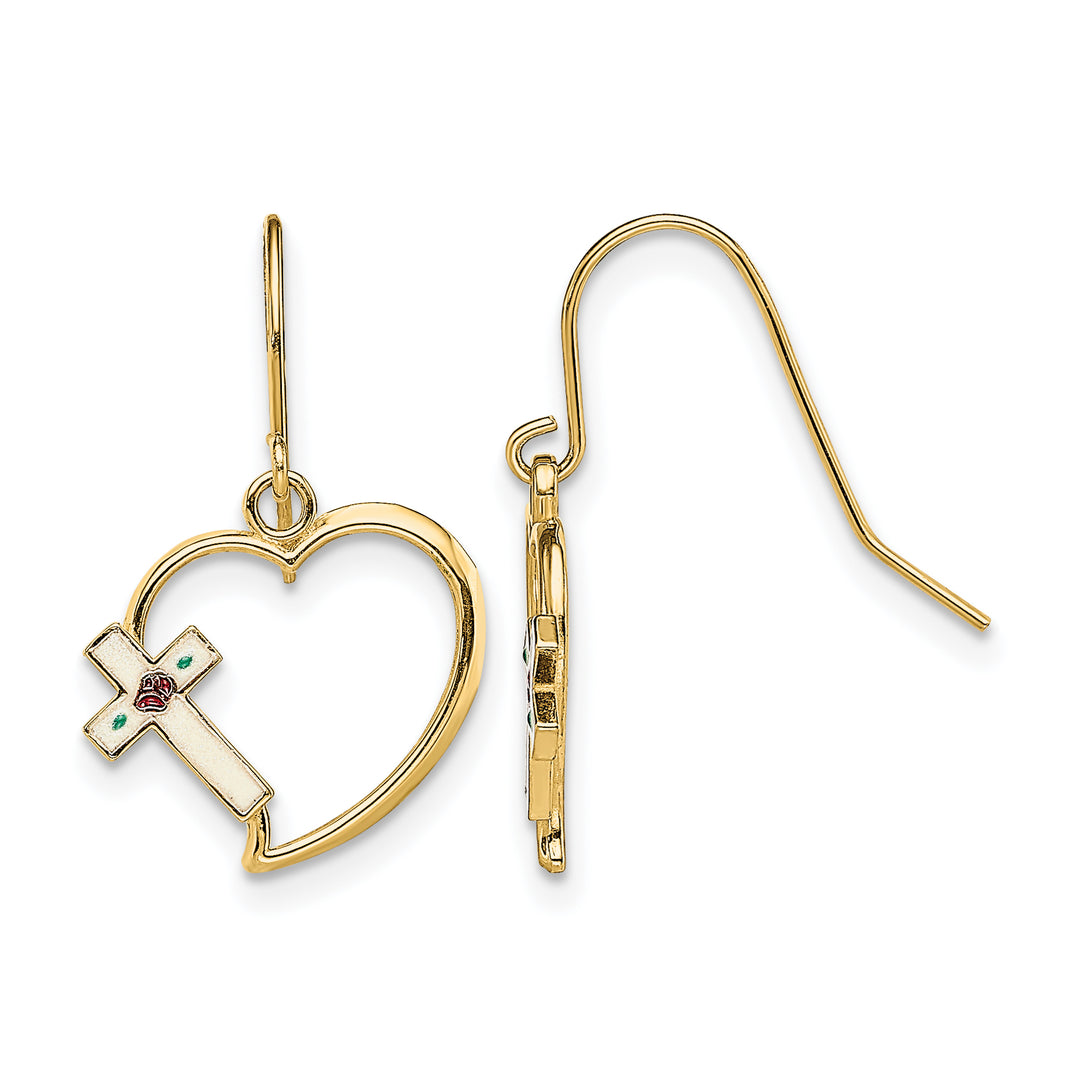 14K Yellow Gold Enamel Floral Cross on Heart French Hook Earrings