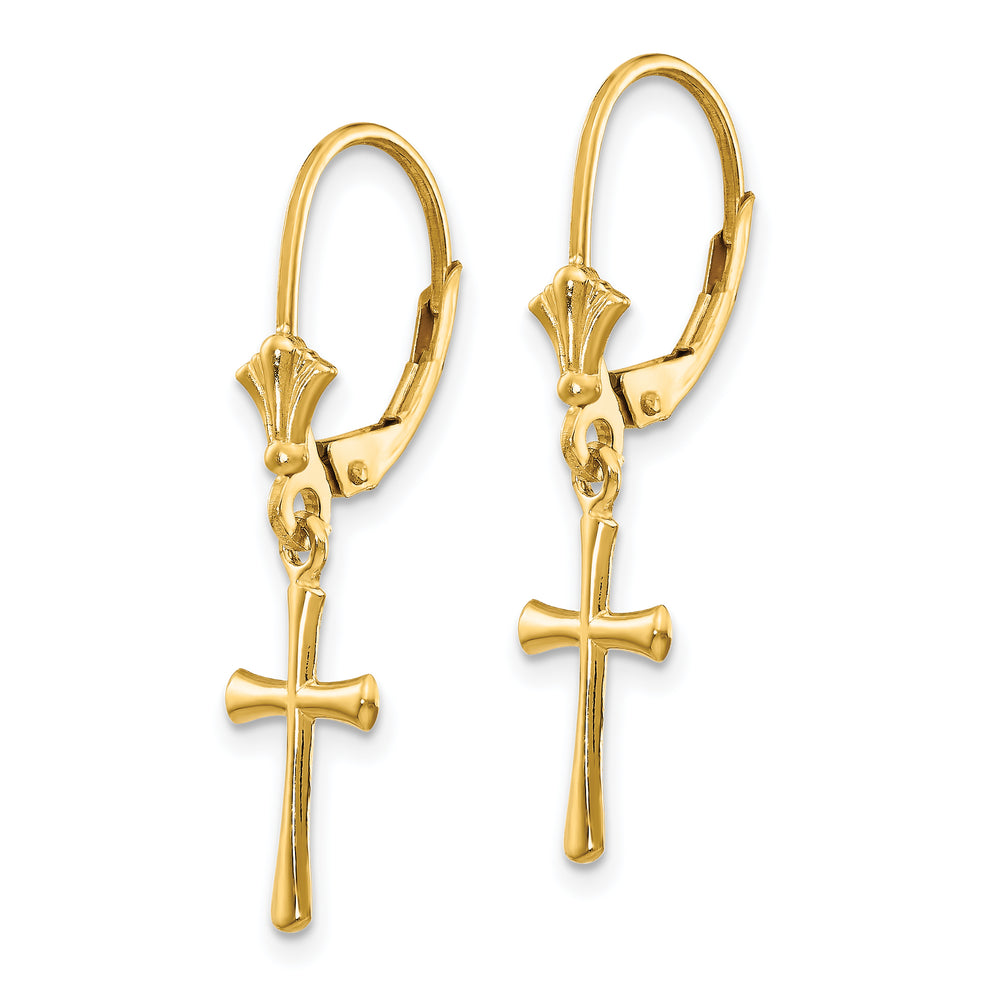 14K Yellow Gold Polished Cross Dangle Leverback Earrings