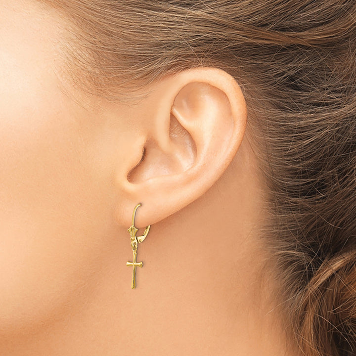 14K Yellow Gold Polished Cross Dangle Leverback Earrings