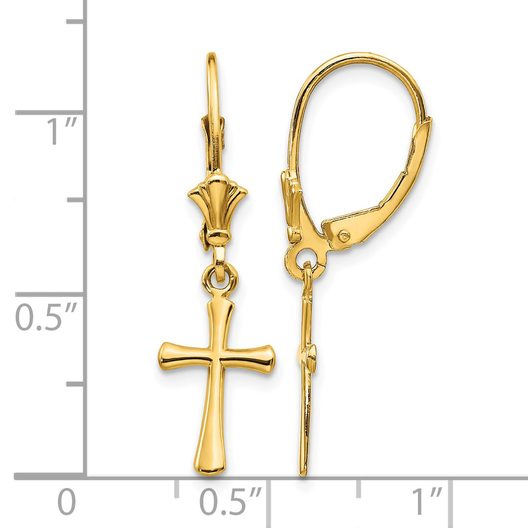 14K Yellow Gold Polished Cross Dangle Leverback Earrings