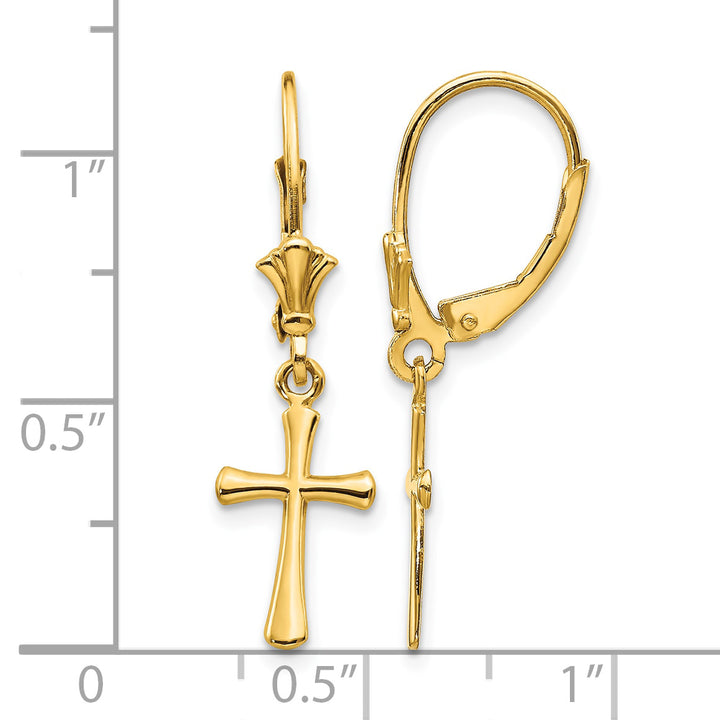 14K Yellow Gold Polished Cross Dangle Leverback Earrings