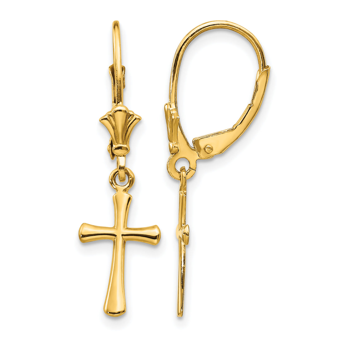 14K Yellow Gold Polished Cross Dangle Leverback Earrings