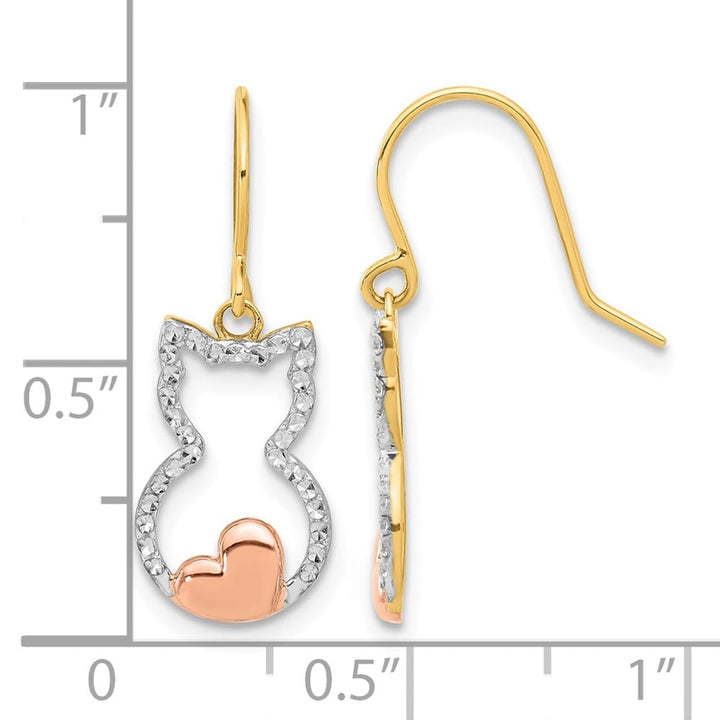 14K Yellow Gold White Rhodium D.C. Cat Outline Dangle Earrings, view 4 of 4