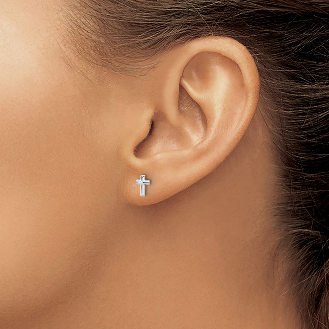 14K White Gold Polished Small Cross Post Earrings