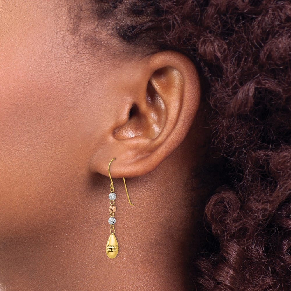 14K Tri-Color Gold Puffed Teardrop Beaded Dangle French Hook Earrings, view 3 of 4