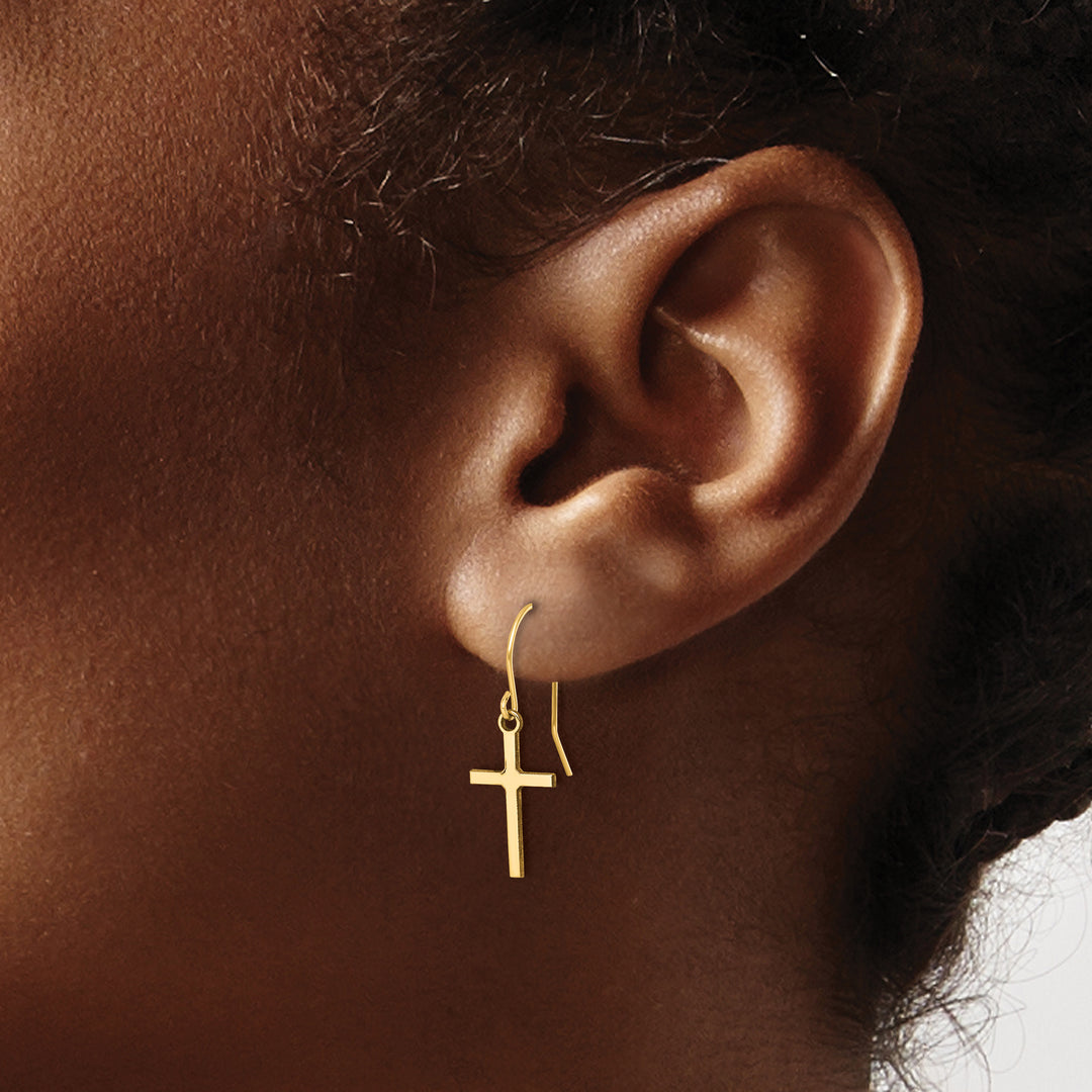 14K Yellow Gold Cross Dangle French Hook Earrings