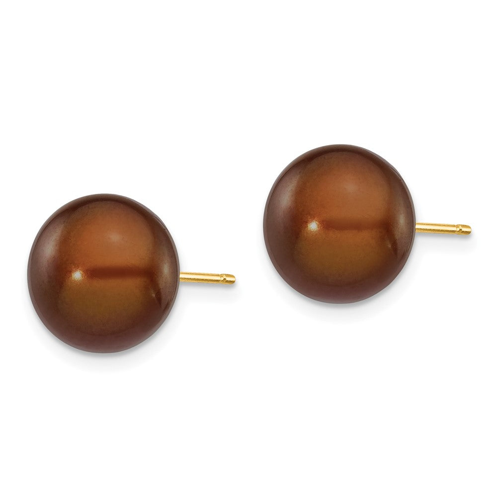 14K Yellow Gold 10-11mm Brown Button Freshwater Pearl Stud Earrings