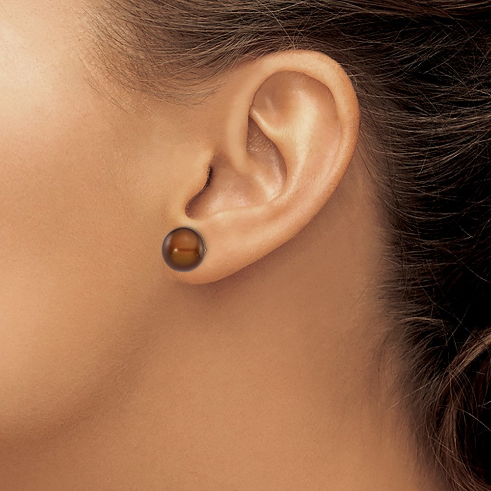 14K Yellow Gold 10-11mm Brown Button Freshwater Pearl Stud Earrings