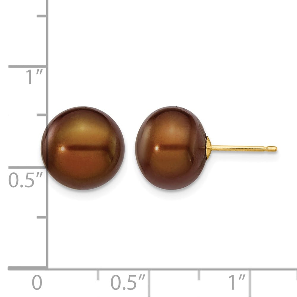 14K Yellow Gold 10-11mm Brown Button Freshwater Pearl Stud Earrings