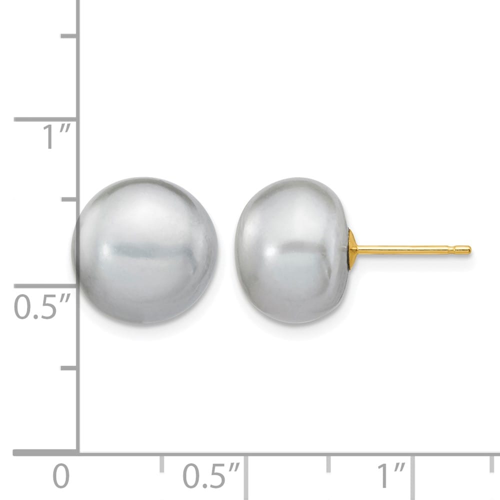 14K Yellow Gold 10-11mm Grey Button Freshwater Pearl Stud Earrings
