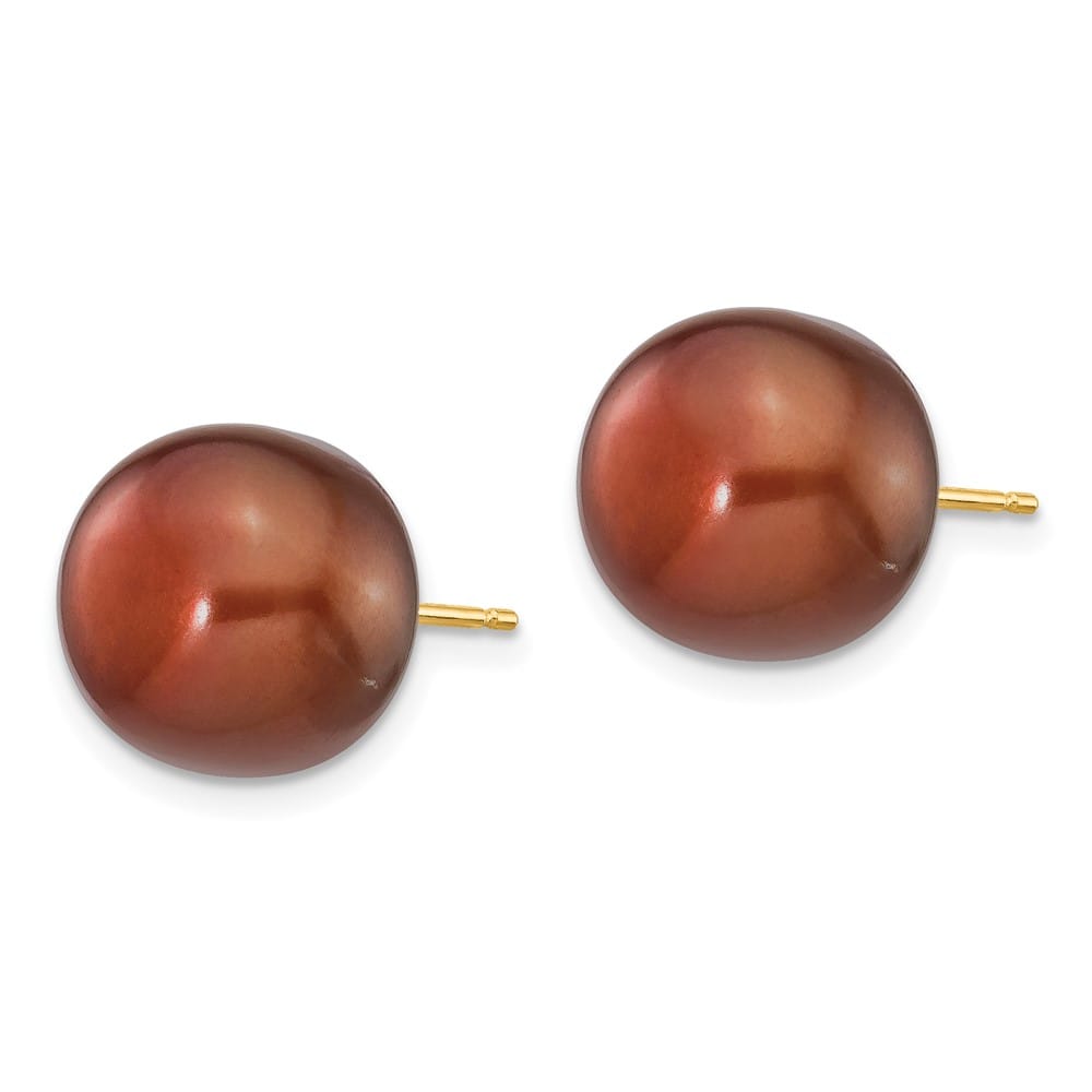 14K Yellow Gold 11-12mm Brown Button Freshwater Pearl Stud Earrings