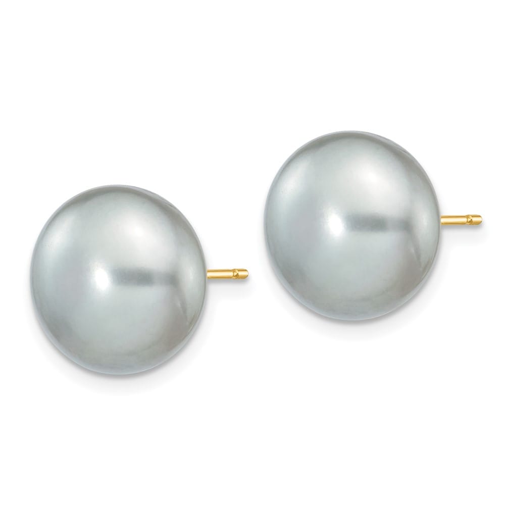 14K Yellow Gold 11-12mm Grey Button Freshwater Pearl Stud Earrings