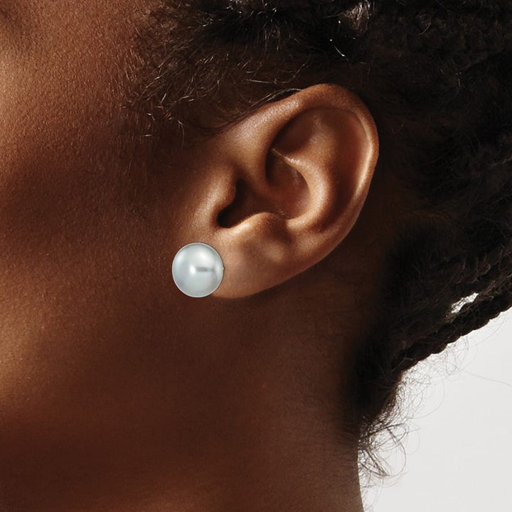 14K Yellow Gold 11-12mm Grey Button Freshwater Pearl Stud Earrings