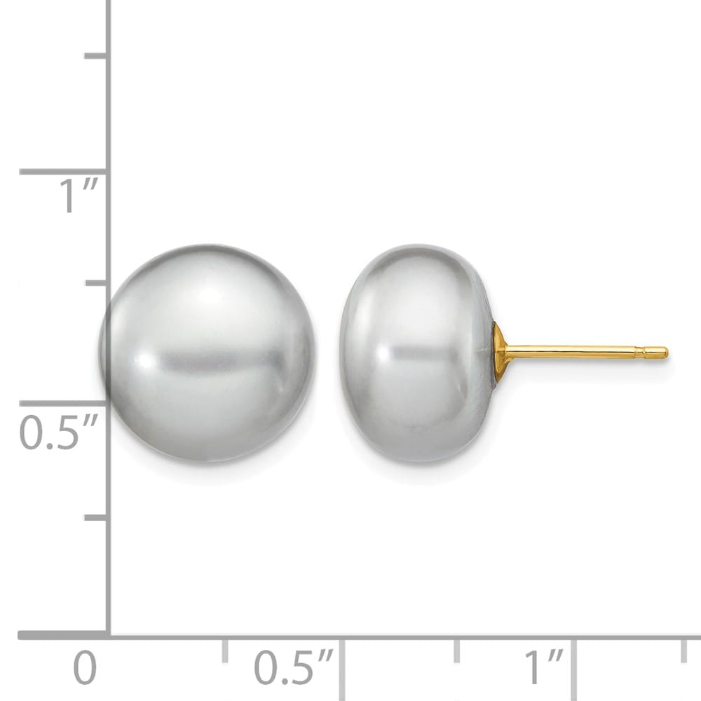 14K Yellow Gold 11-12mm Grey Button Freshwater Pearl Stud Earrings