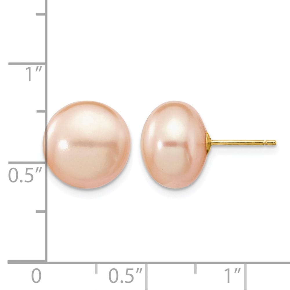 14K Yellow Gold 11-12mm Pink Button Freshwater Pearl Stud Earrings