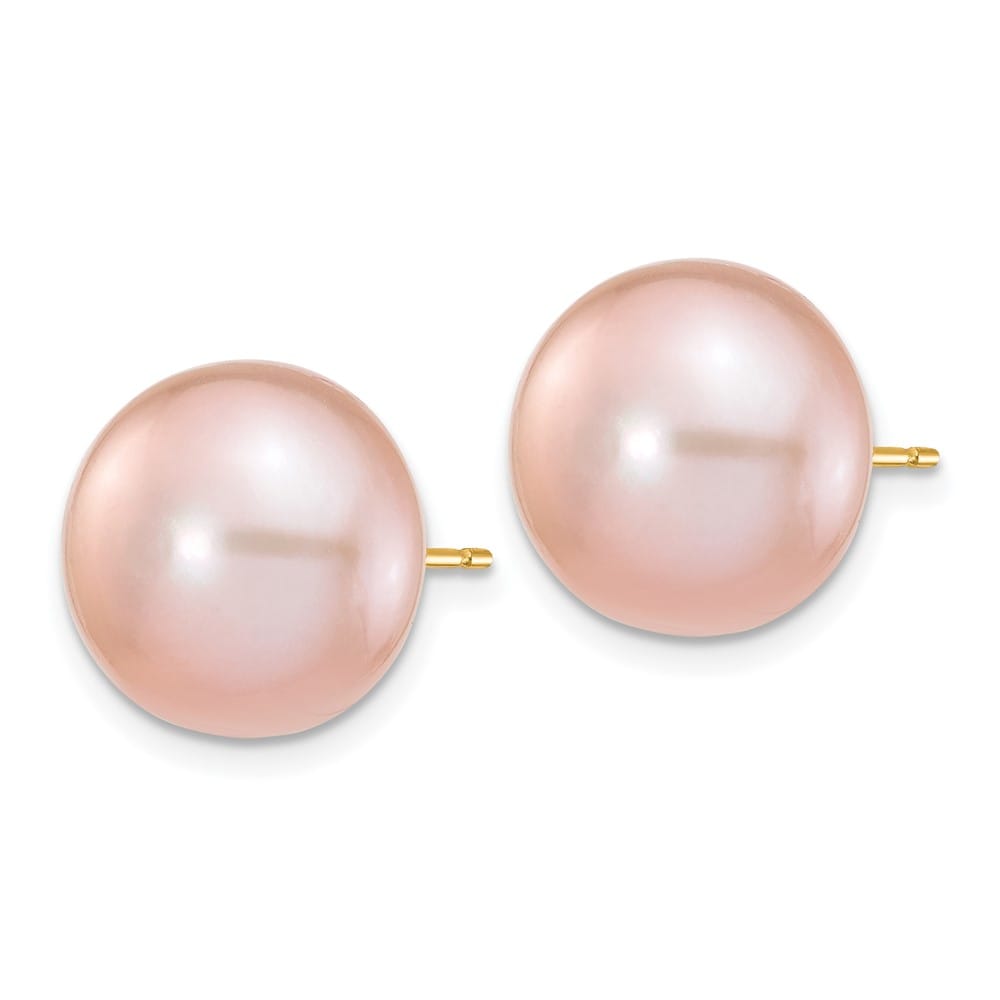 14K Yellow Gold 11-12mm Purple Button Freshwater Pearl Stud Earrings