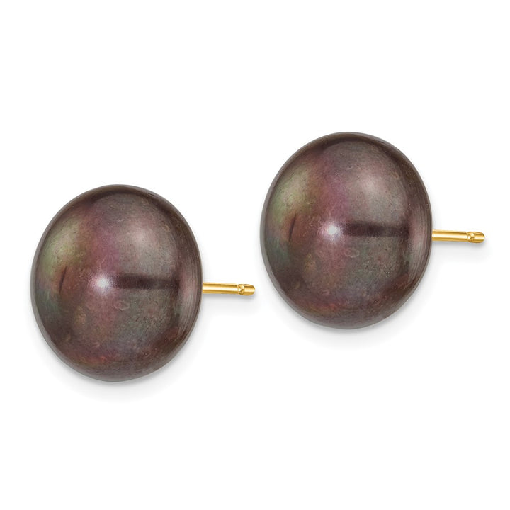 14K Yellow Gold 12-13mm Black Button Freshwater Pearl Stud Earrings