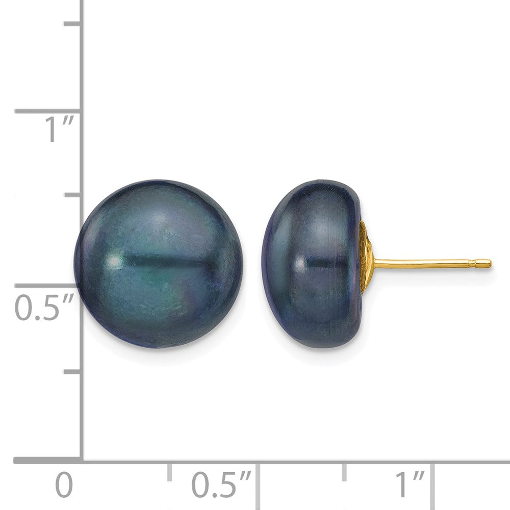 14K Yellow Gold 12-13mm Black Button Freshwater Pearl Stud Earrings
