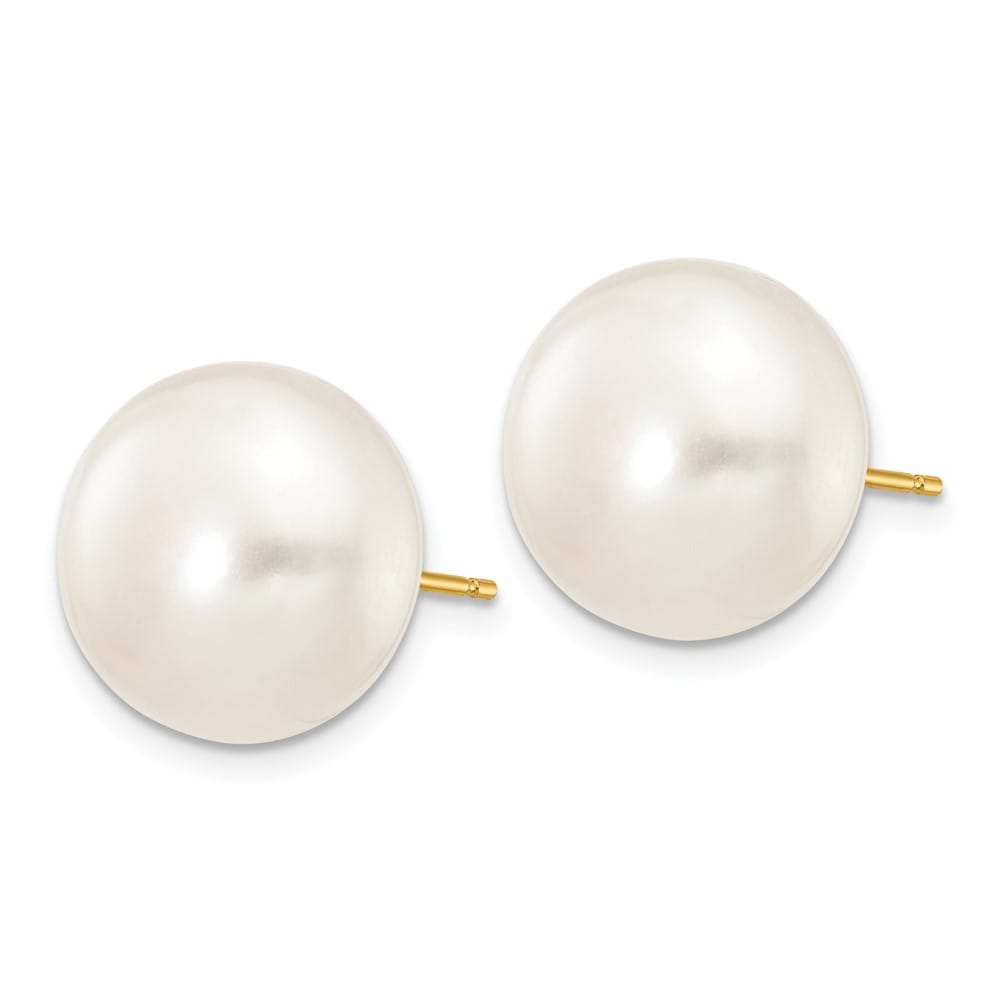 14K Yellow Gold 12-13mm White Button Freshwater Pearl Stud Earrings