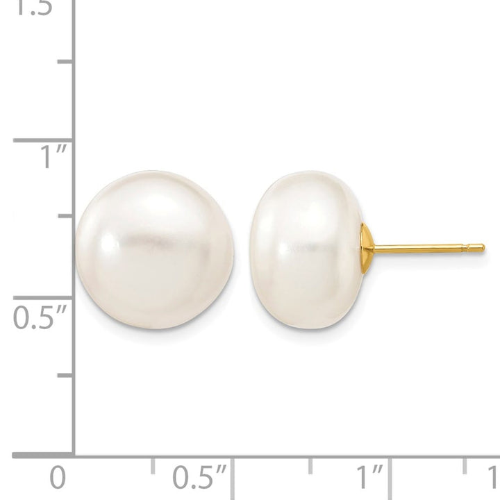 14K Yellow Gold 12-13mm White Button Freshwater Pearl Stud Earrings