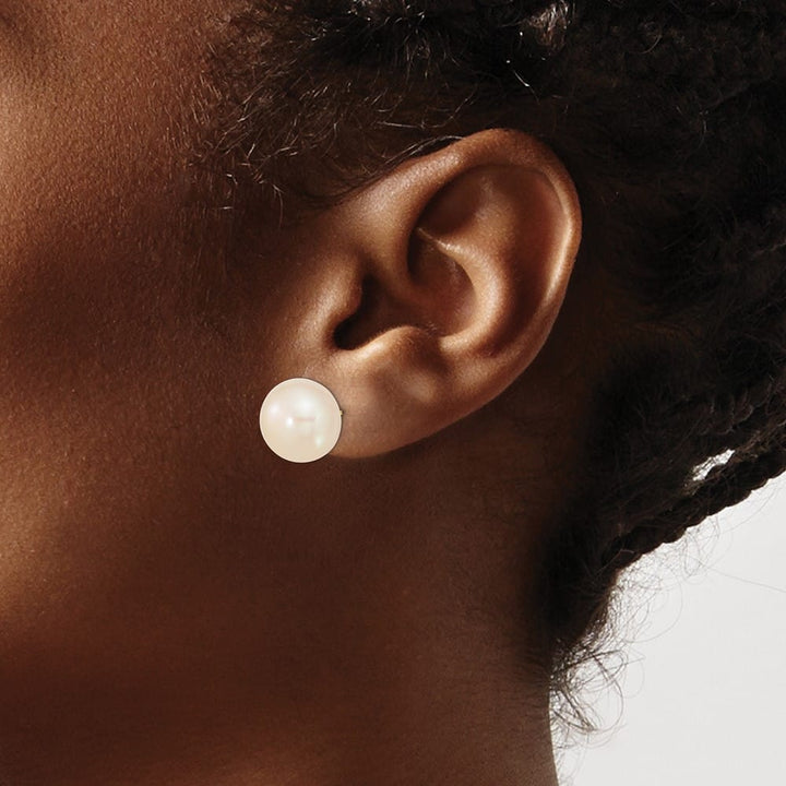 14K Yellow Gold 13-14mm White Button Freshwater Pearl Stud Earrings