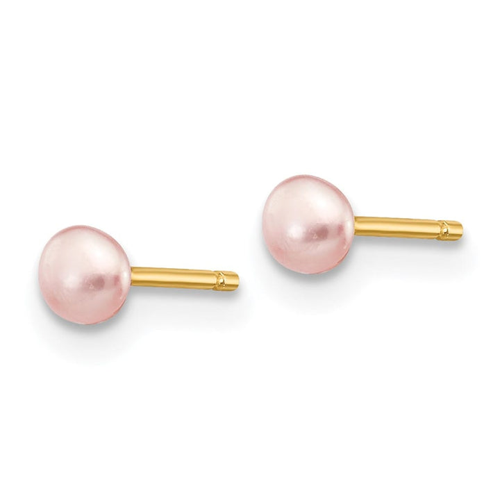 14K Yellow Gold 3-4mm Pink Button Freshwater Pearl Stud Post Earrings