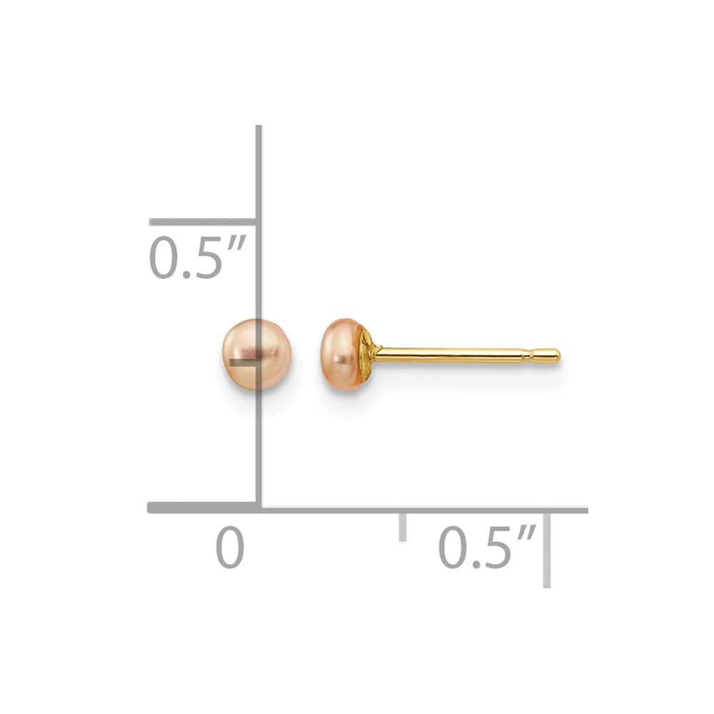 14K Yellow Gold 3-4mm Pink Button Freshwater Pearl Stud Post Earrings