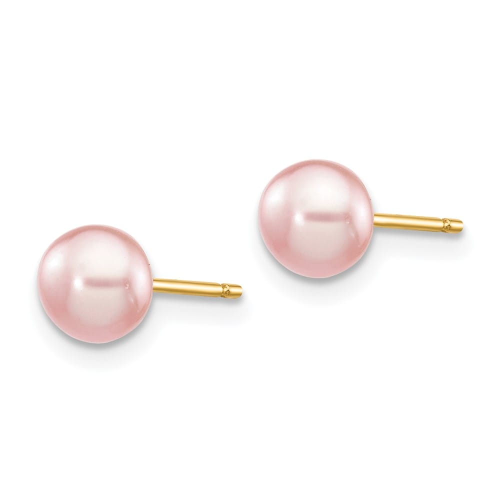 14K Yellow Gold 5-6mm Pink Button Freshwater Pearl Stud Post Earrings