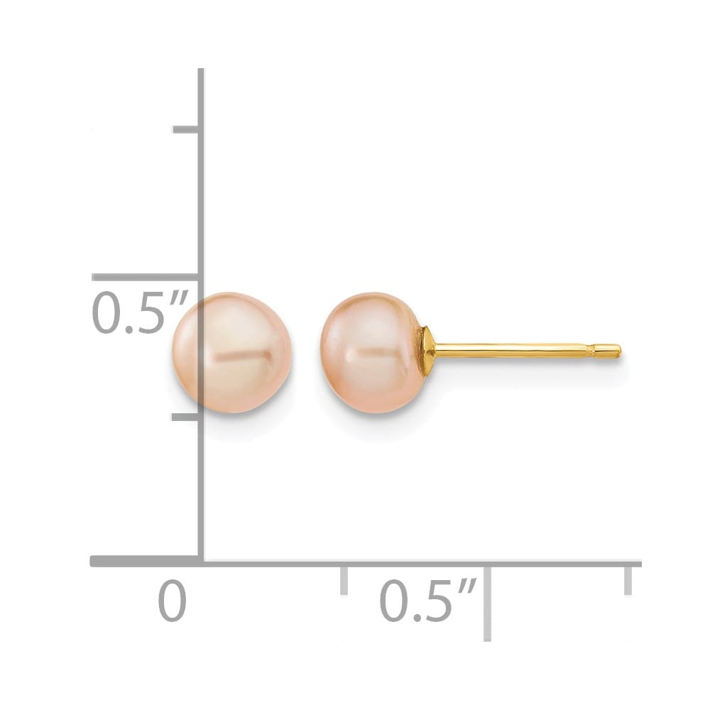 14K Yellow Gold 5-6mm Pink Button Freshwater Pearl Stud Post Earrings