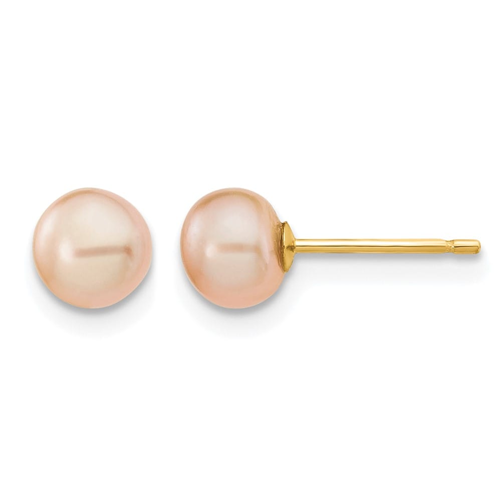14K Yellow Gold 5-6mm Pink Button Freshwater Pearl Stud Post Earrings