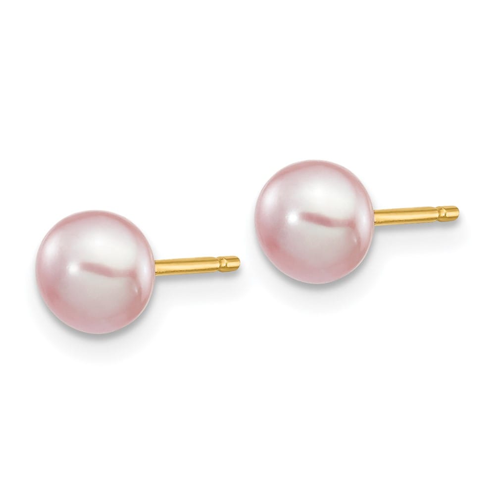 14K Yellow Gold 5-6mm Purple Button Freshwater Pearl Stud Earrings