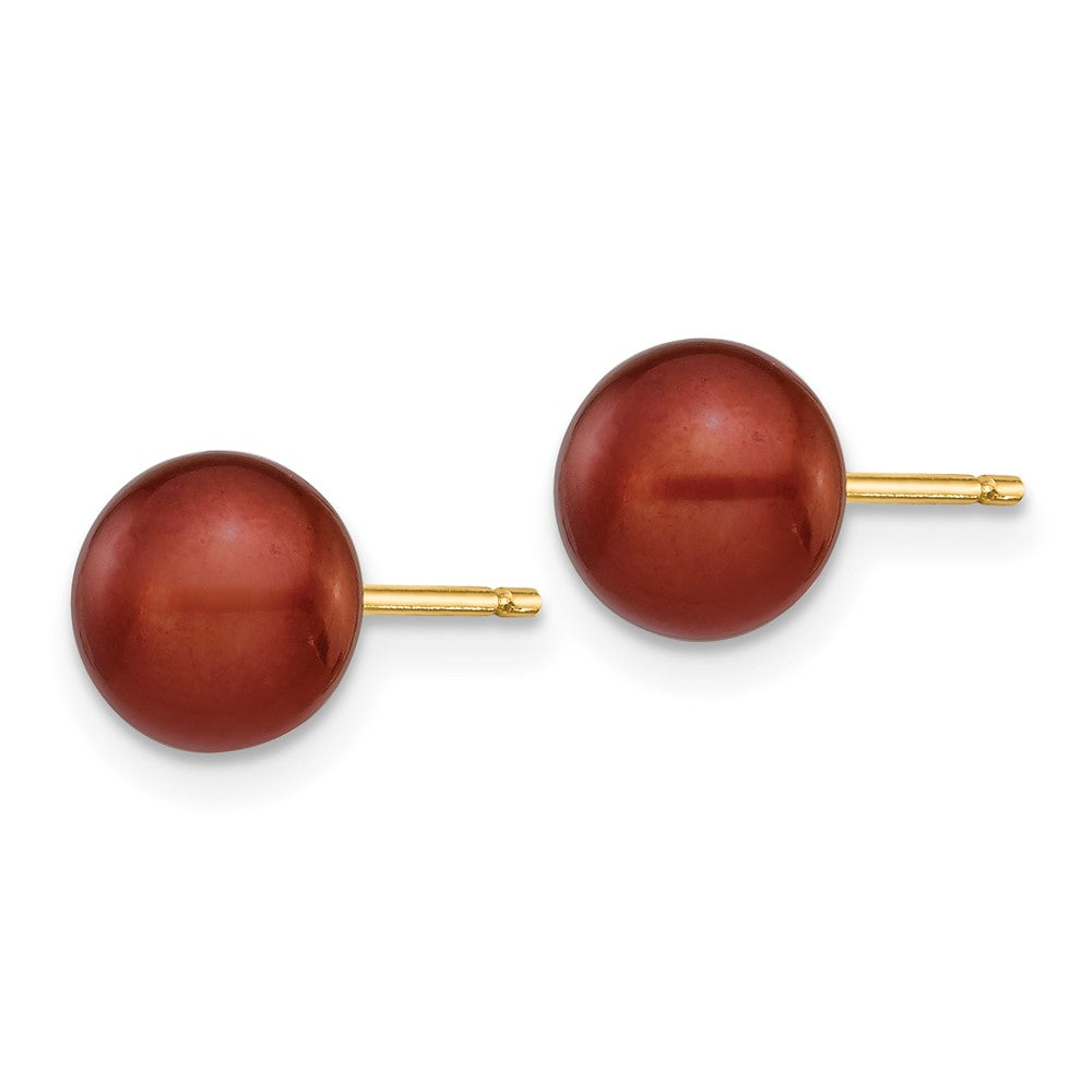 14K Yellow Gold 6-7mm Brown Button Freshwater Pearl Stud Post Earrings