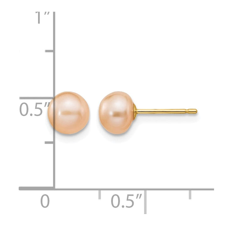 14K Yellow Gold 6-7mm Pink Button Freshwater Pearl Stud Post Earrings