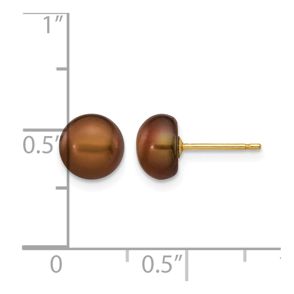 14K Yellow Gold 7-8mm Brown Button Freshwater Pearl Stud Post Earrings